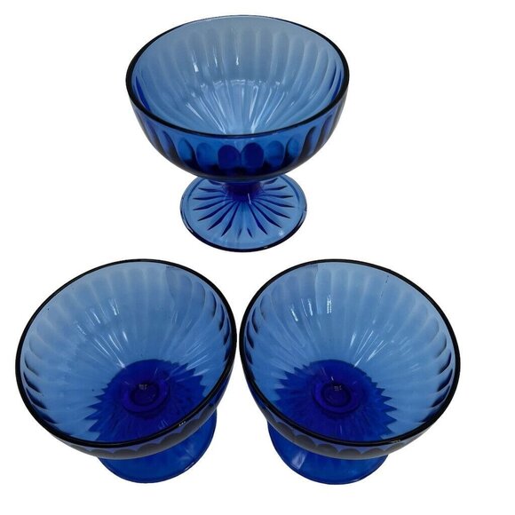 3 Vintage Hazel Atlas Aurora Colbalt Blue Footed Coupes Dessert Bowl Depression - Picture 2 of 6